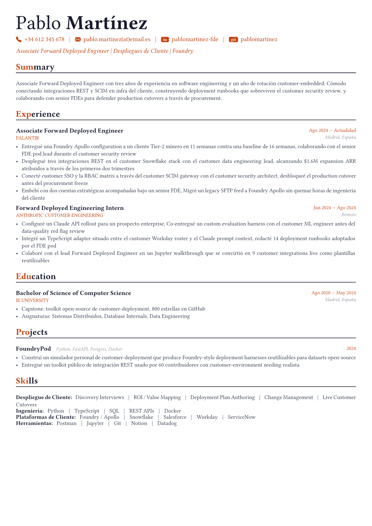 Forward Deployed Engineer ejemplo de CV