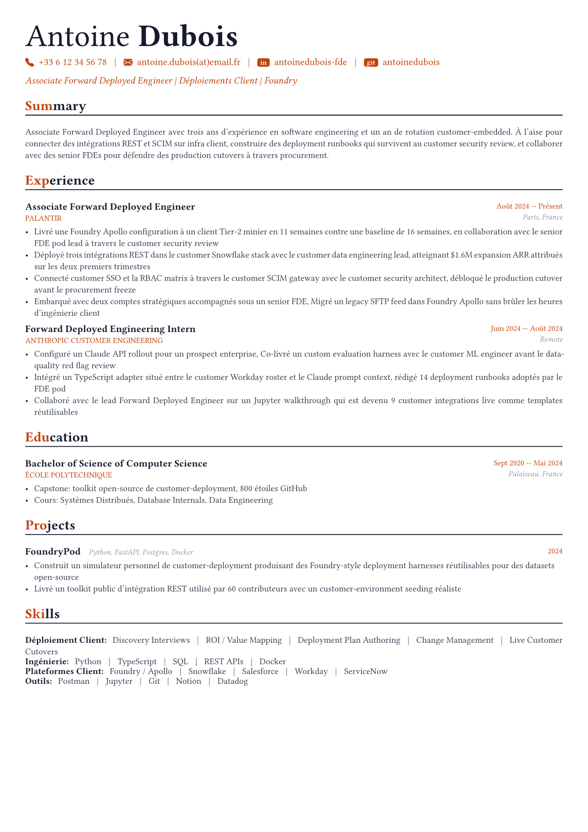 Forward Deployed Engineer exemple de CV
