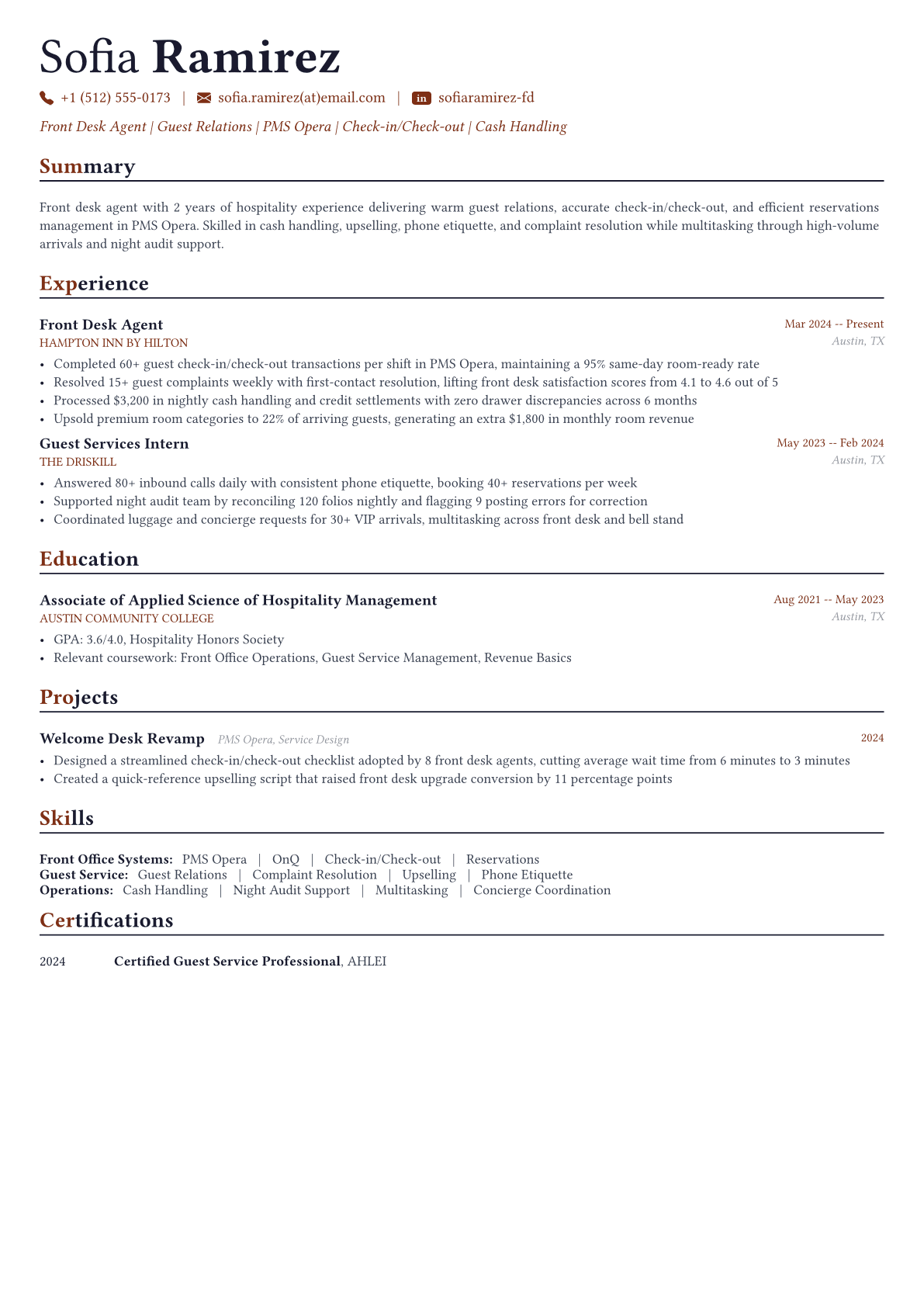 Front Desk Agent resume example