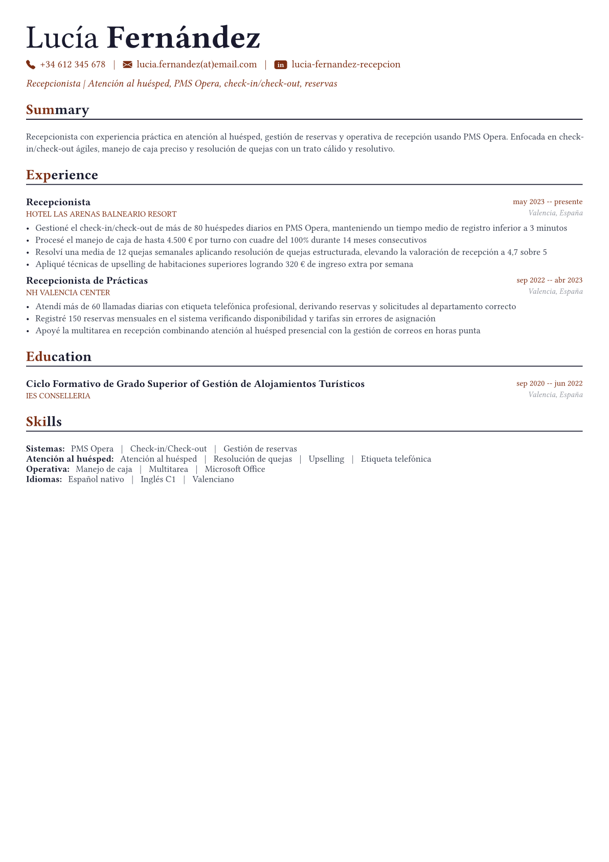 Recepcionista ejemplo de CV