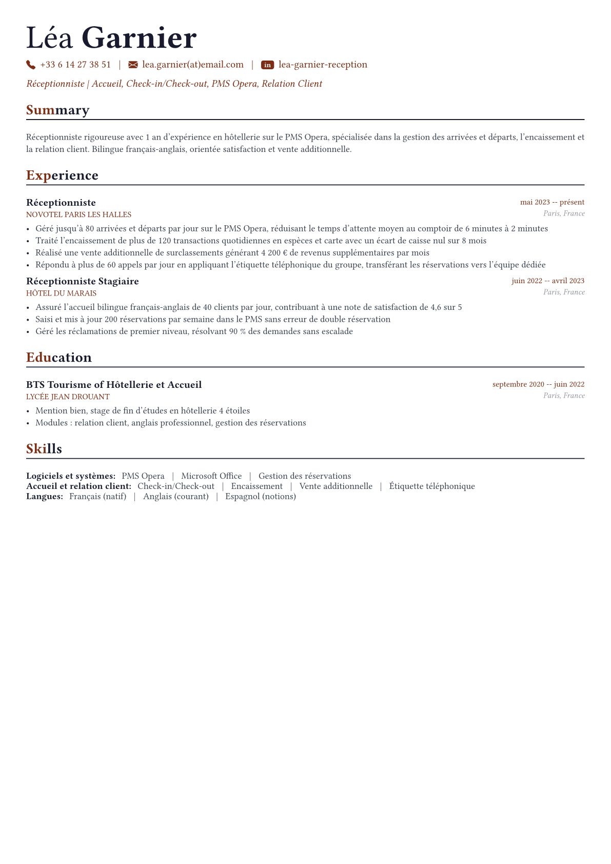 Réceptionniste exemple de CV