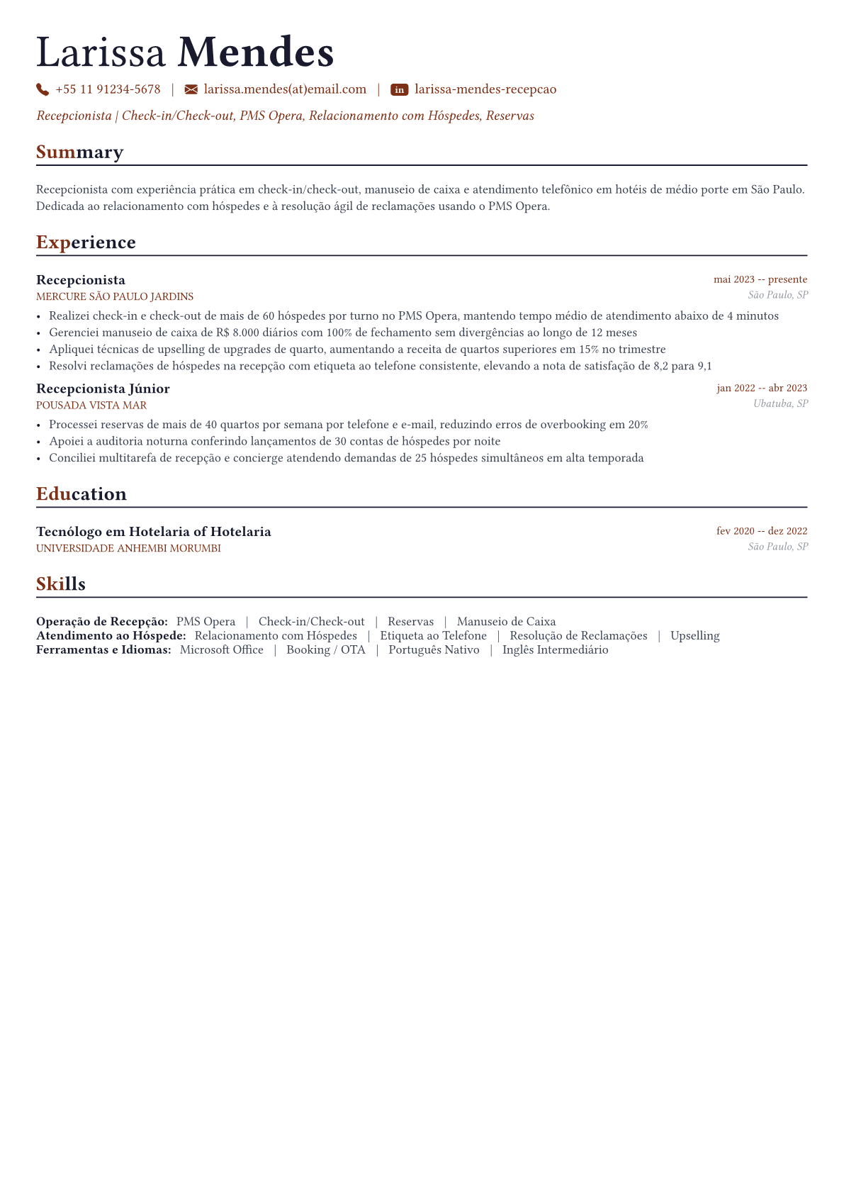 Recepcionista exemplo de currículo