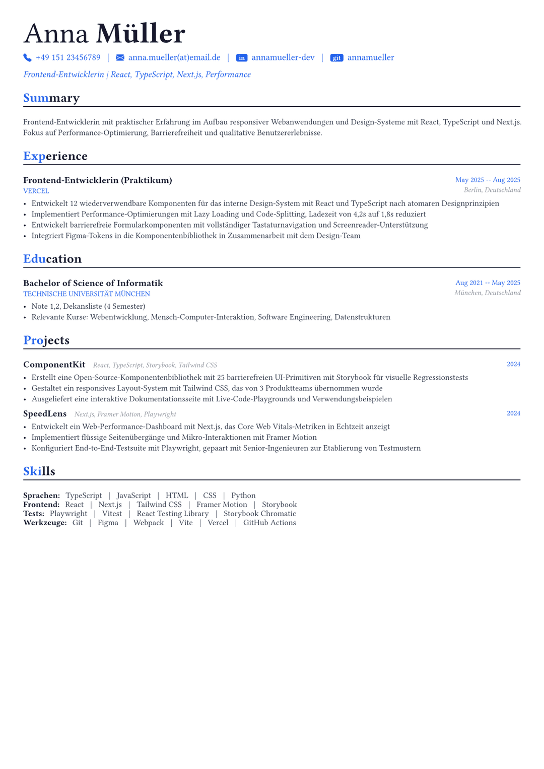 Frontend-Entwickler Lebenslauf-Beispiel