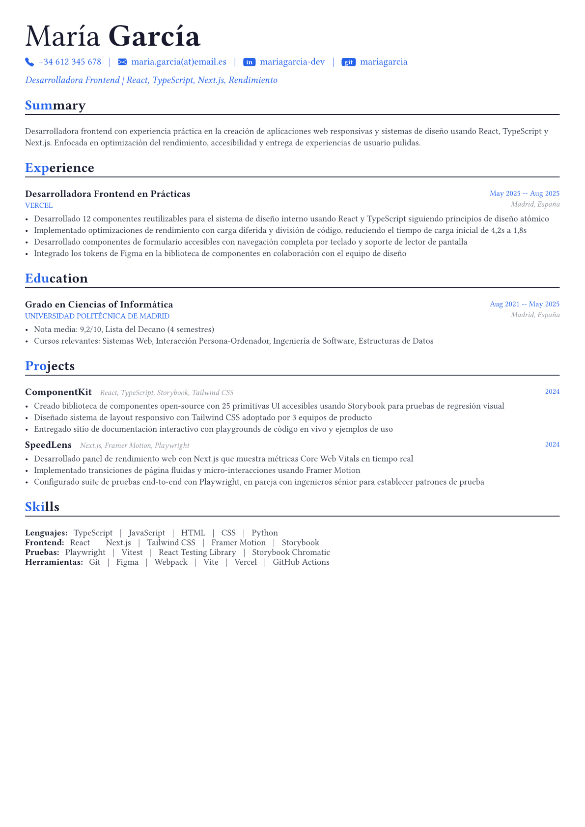 Frontend Developer ejemplo de CV
