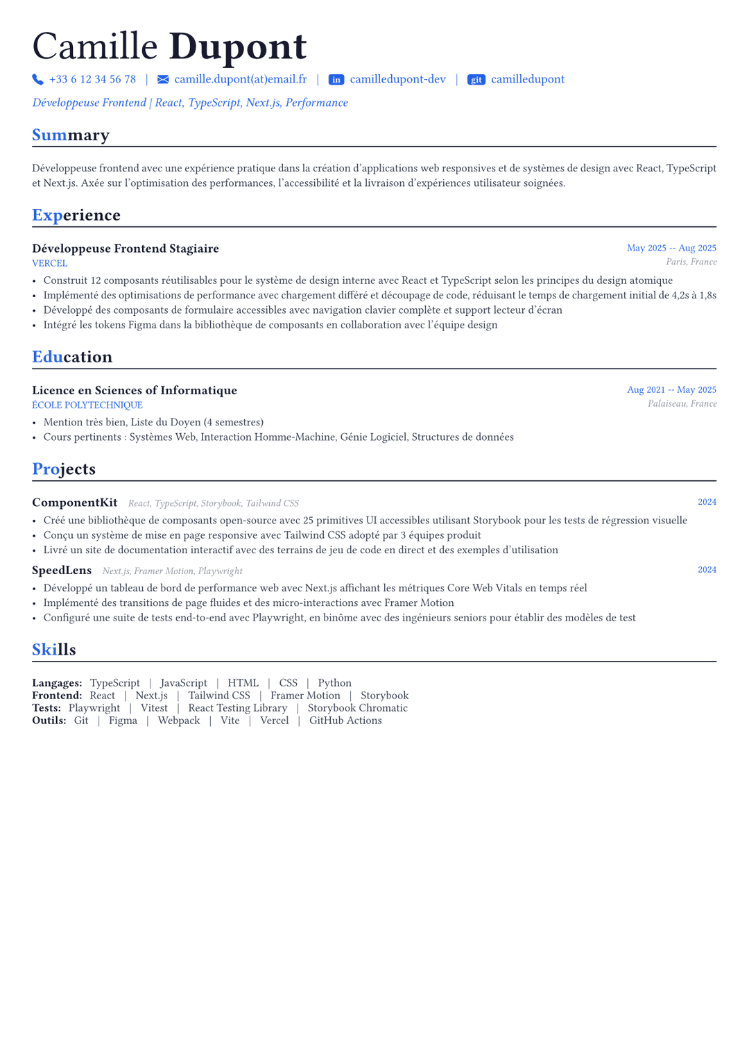 Développeur frontend exemple de CV