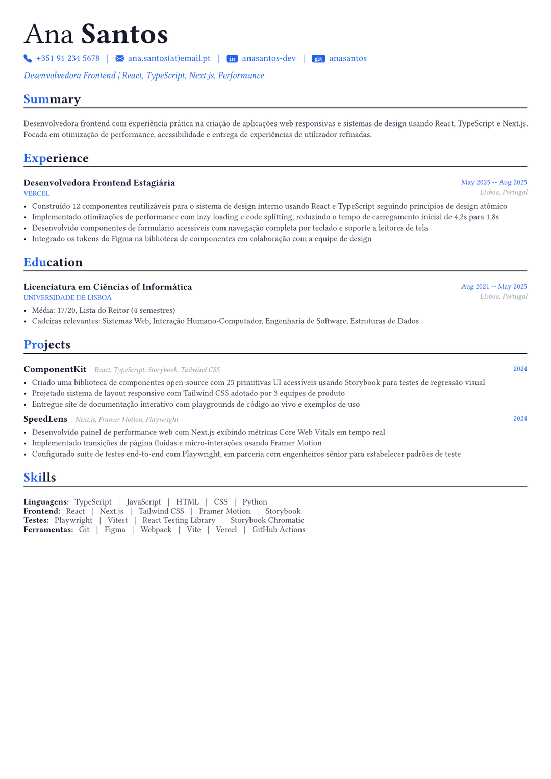 Desenvolvedor frontend exemplo de currículo