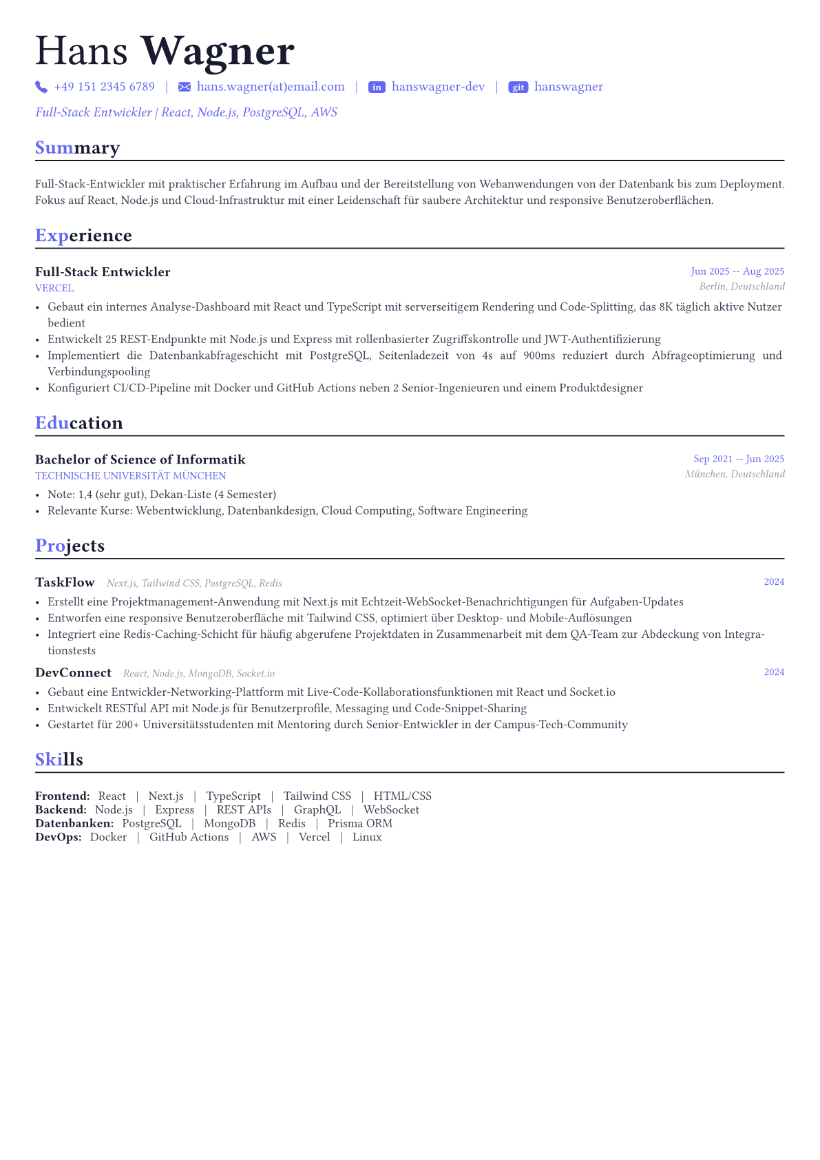 Full Stack Developer Lebenslauf-Beispiel