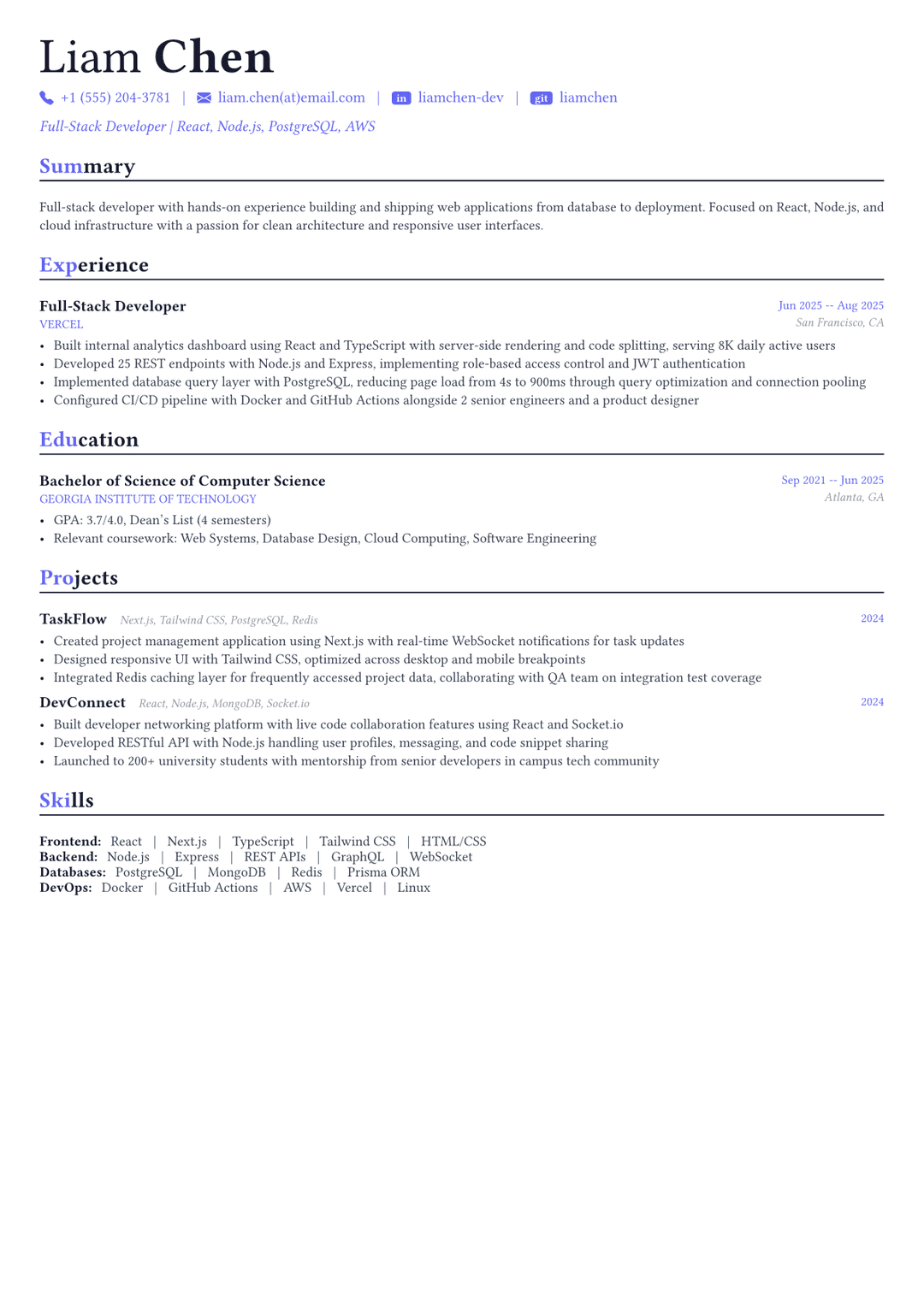 Desarrollador full stack ejemplo de CV