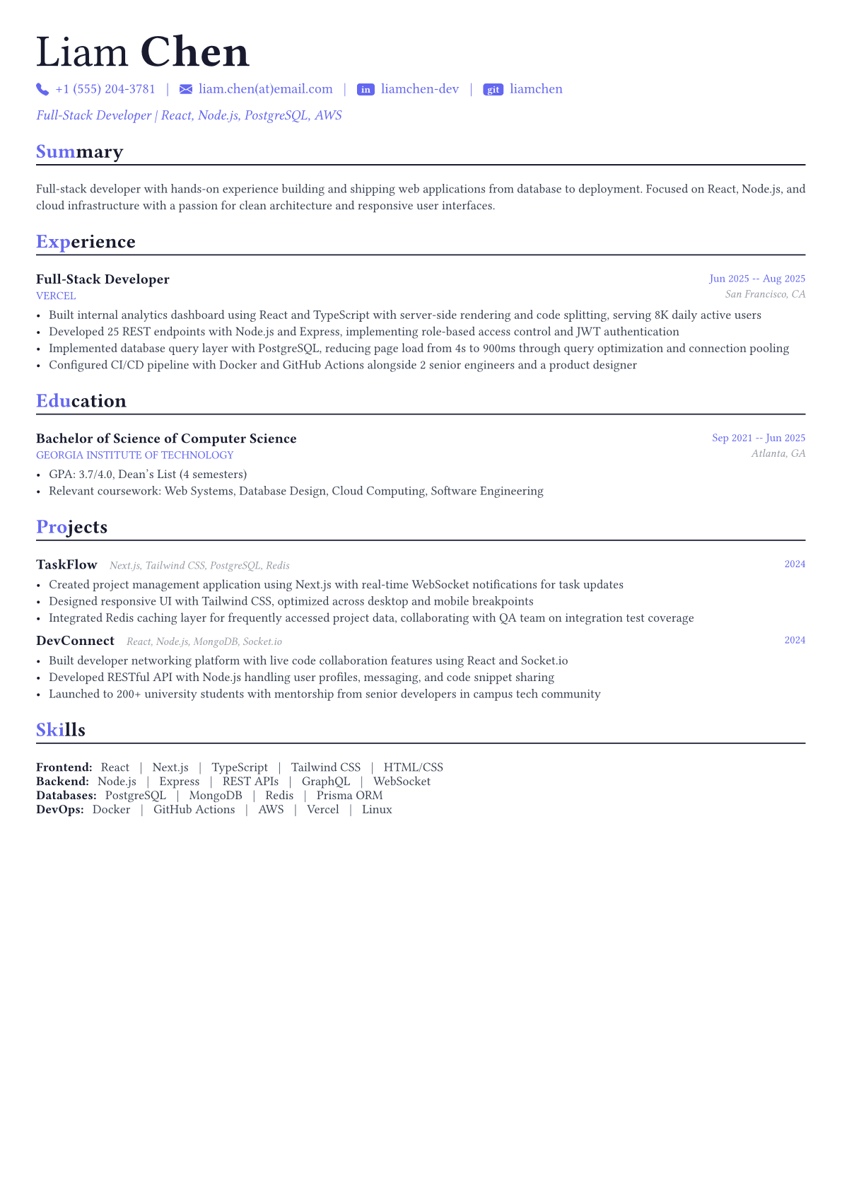 Full Stack Developer resume example