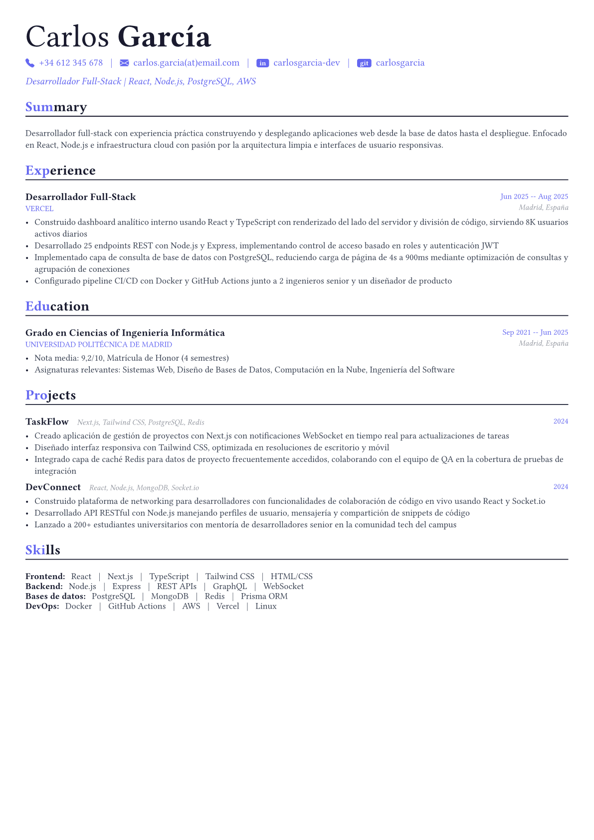 Full Stack Developer ejemplo de CV