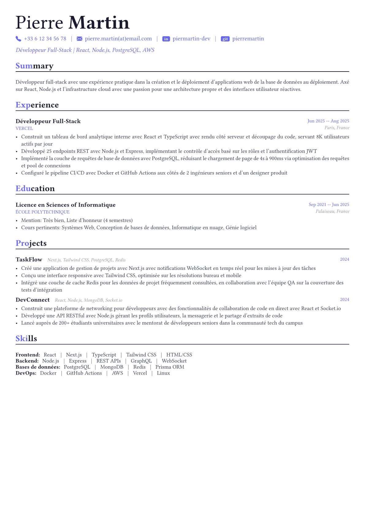 Full Stack Developer exemple de CV