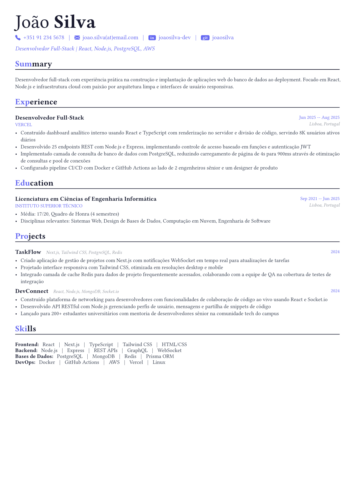 Full Stack Developer exemplo de currículo