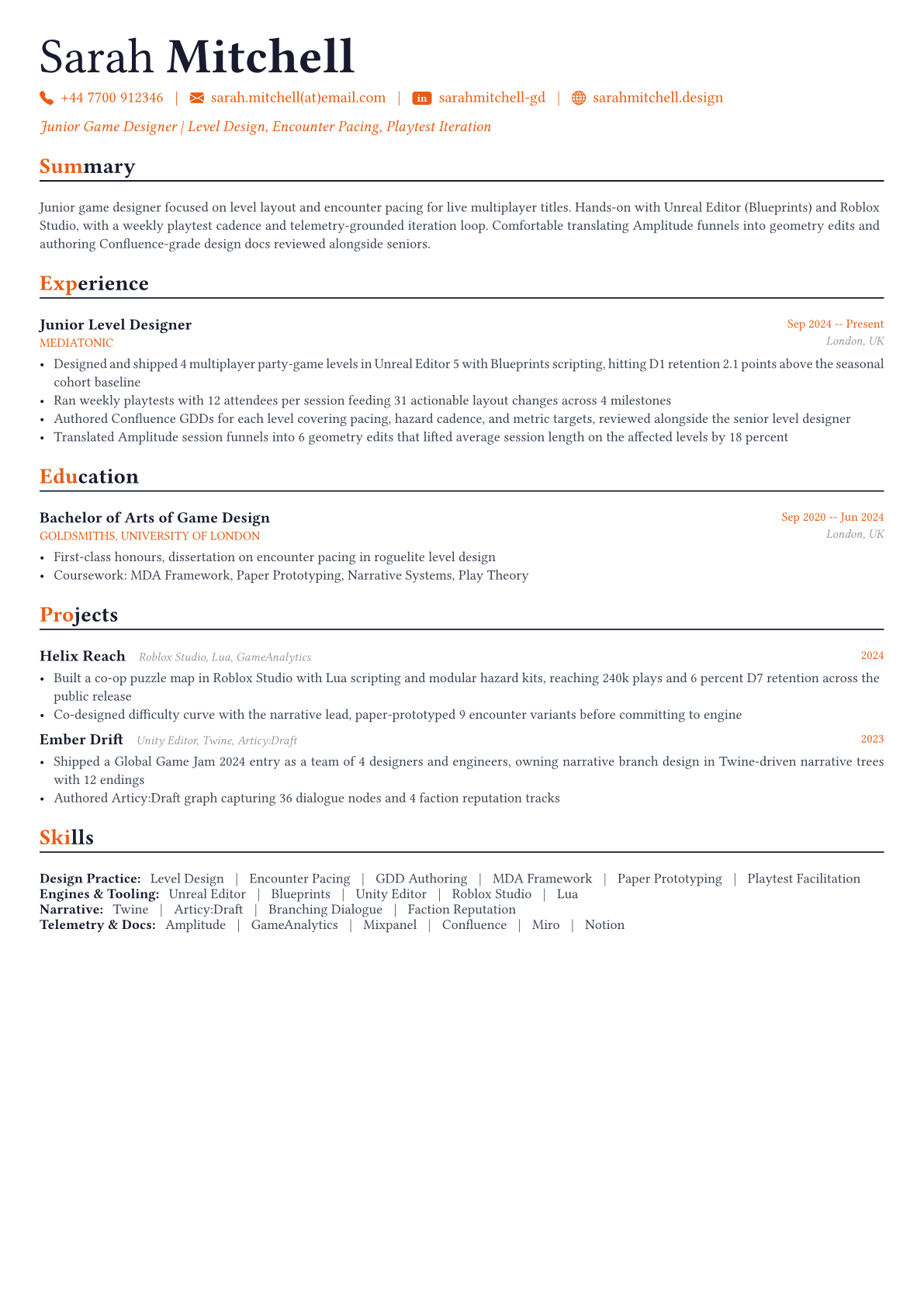 Game Designer resume example