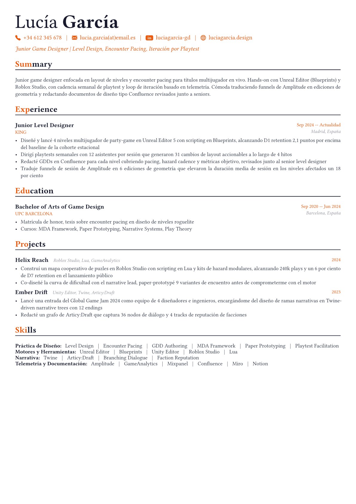Game Designer ejemplo de CV
