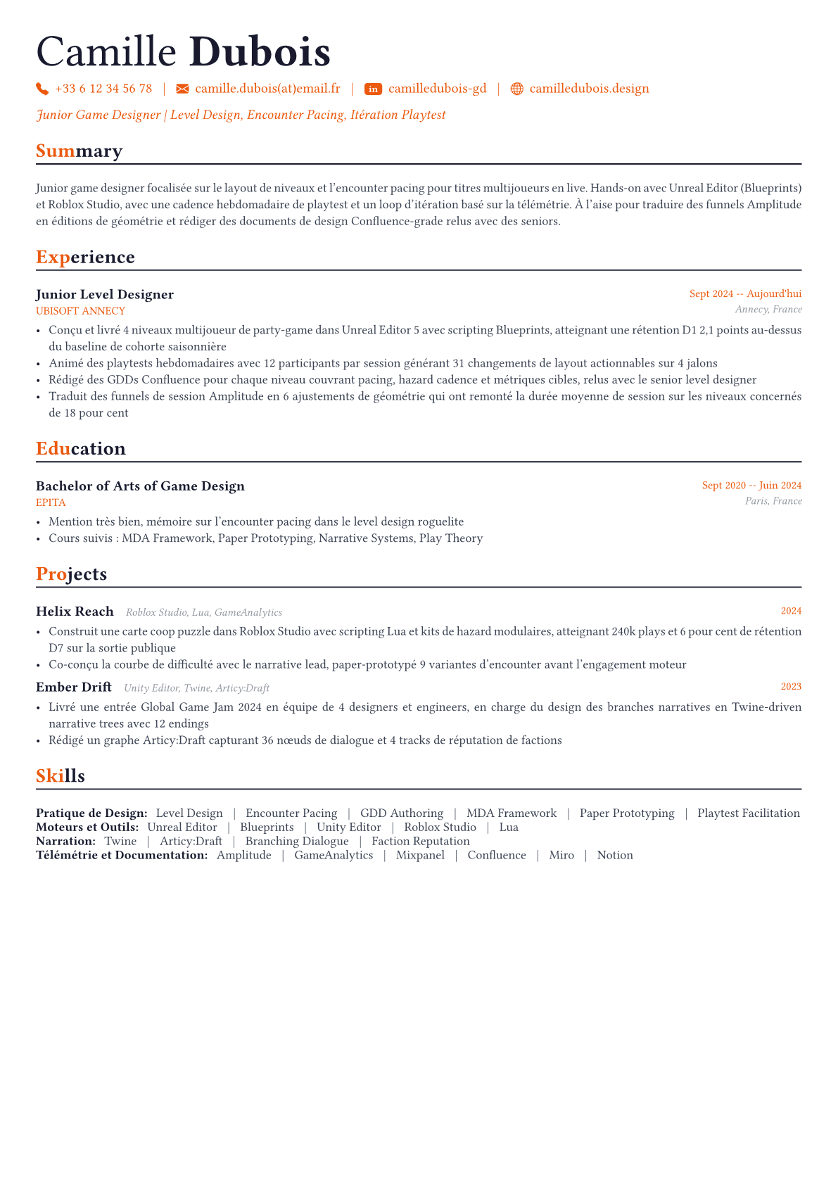 Game Designer exemple de CV