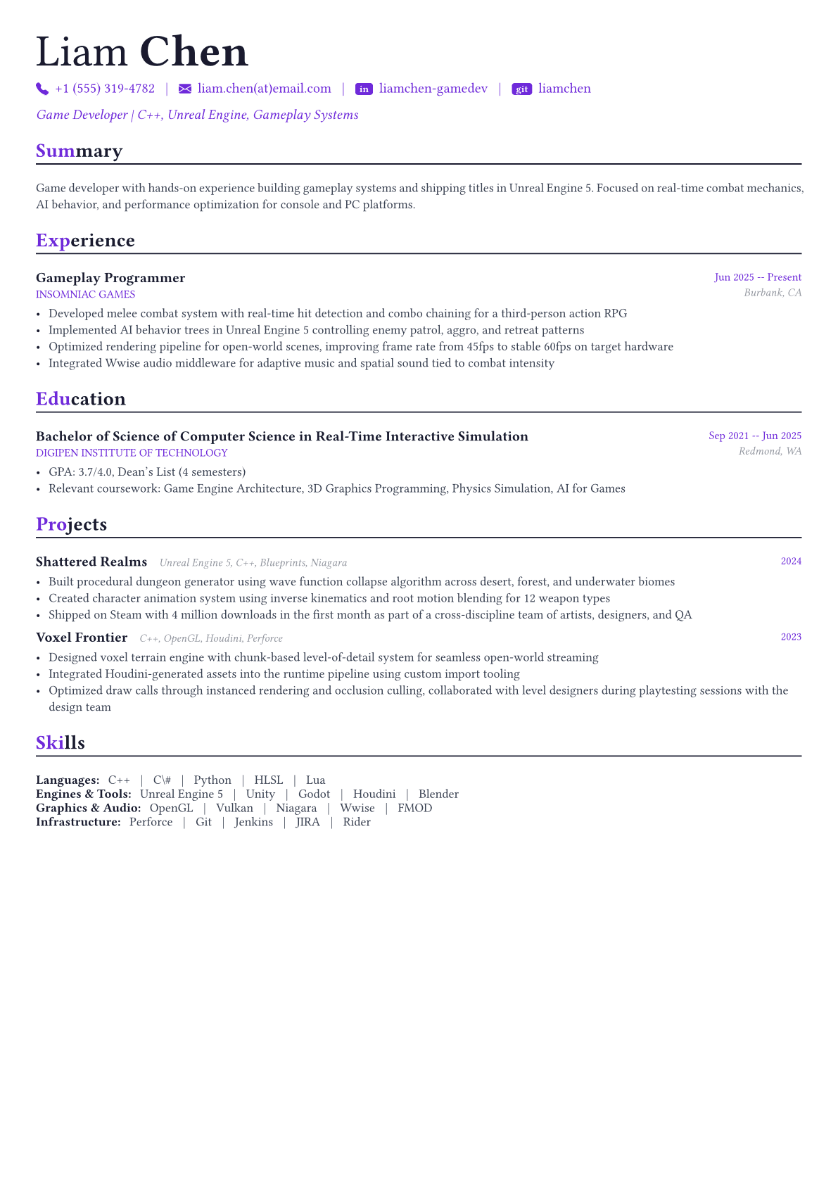 Game Developer resume example