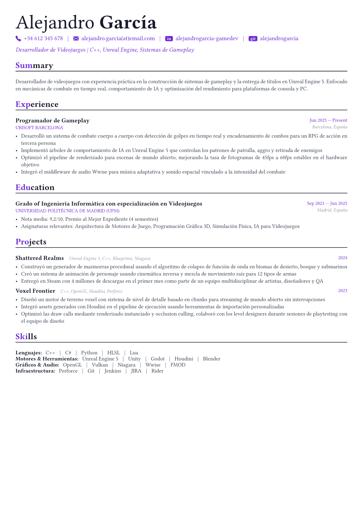 Game Developer ejemplo de CV