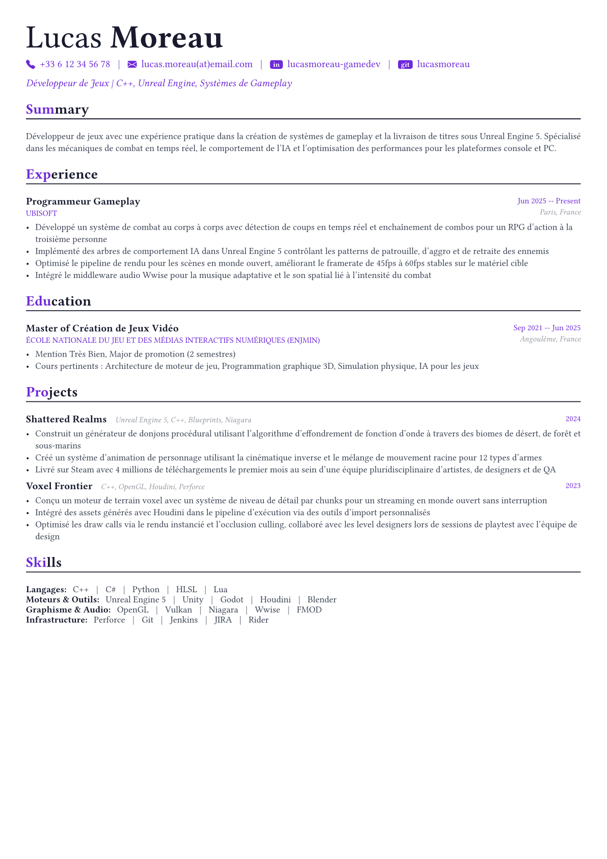 Game Developer exemple de CV