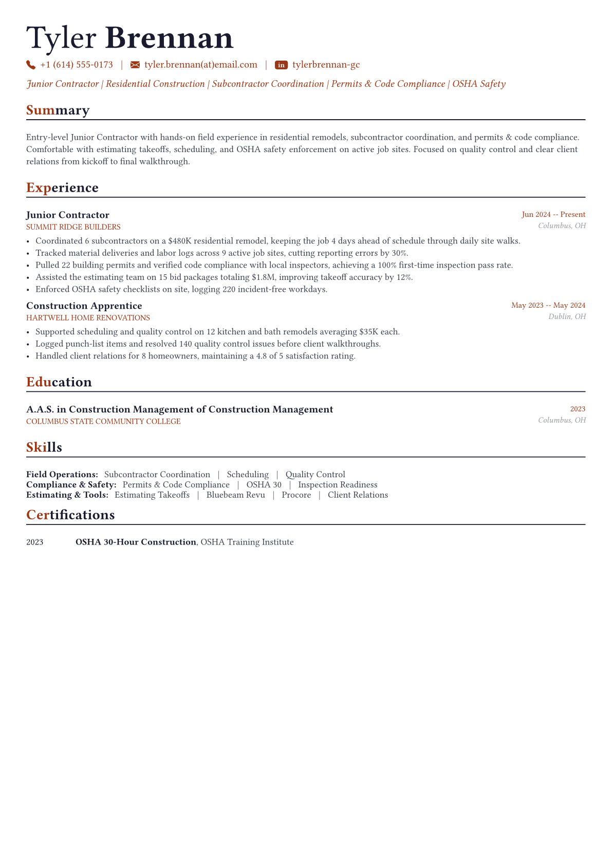 General Contractor resume example