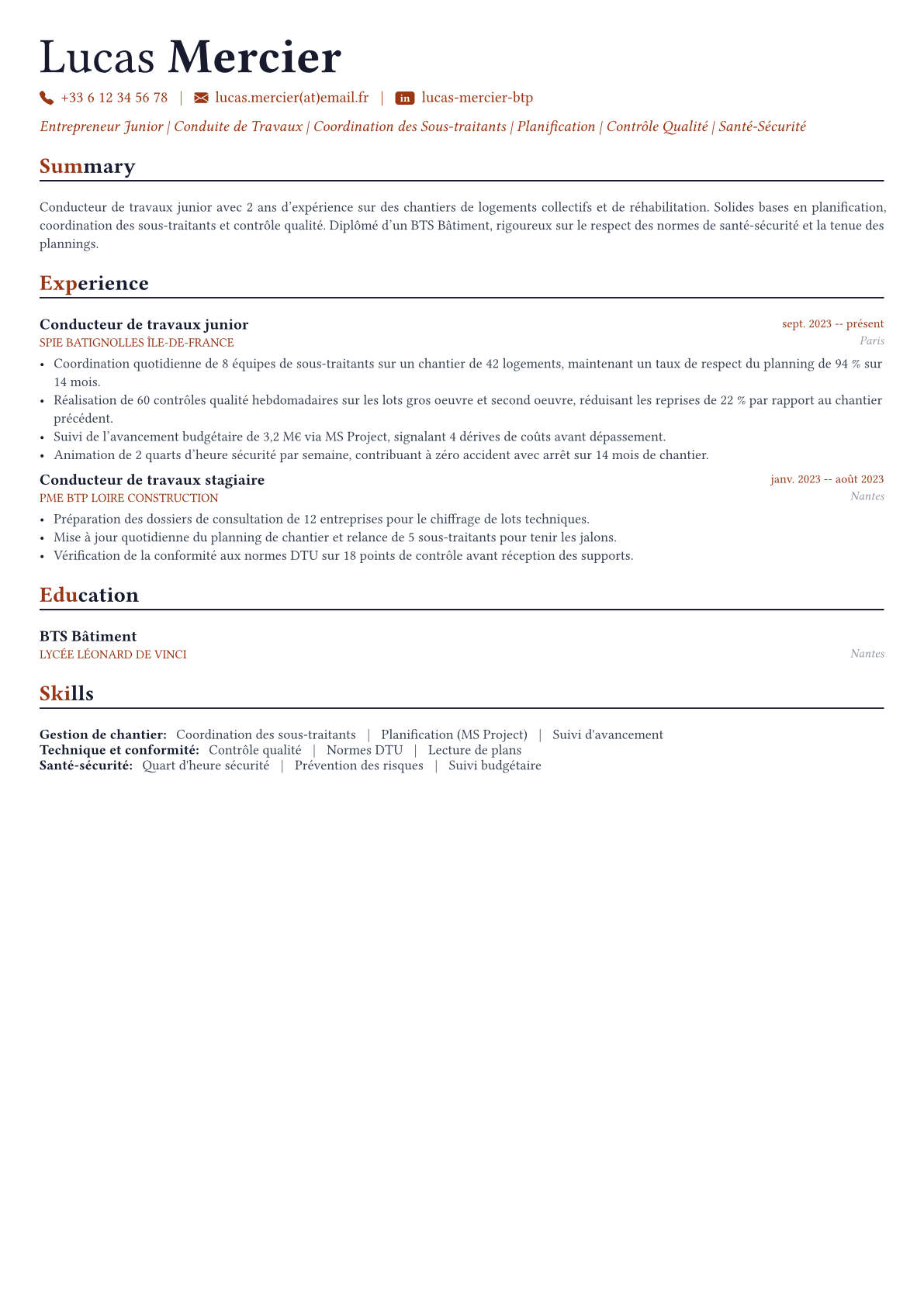 Entrepreneur Général exemple de CV