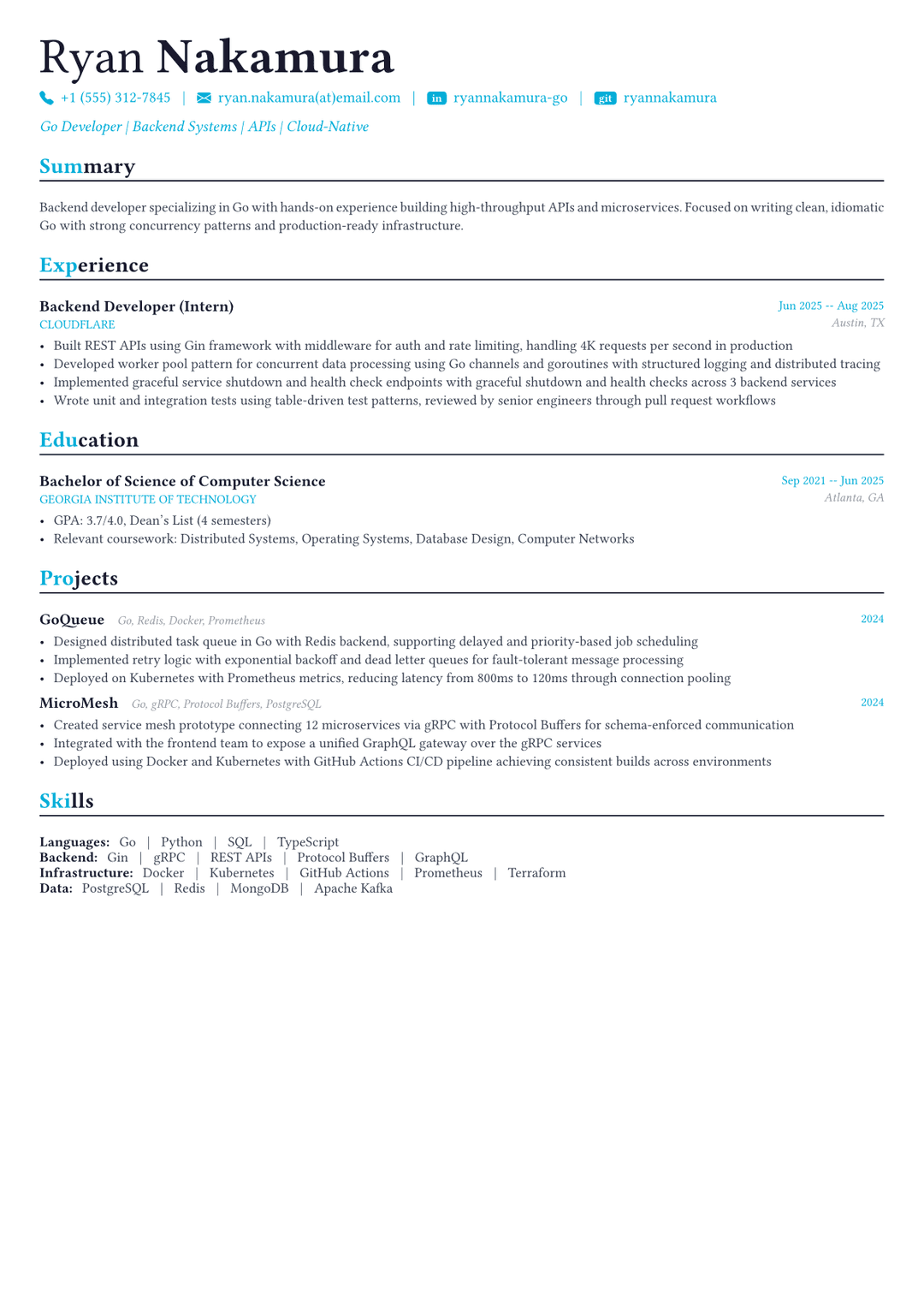 Desarrollador Go ejemplo de CV