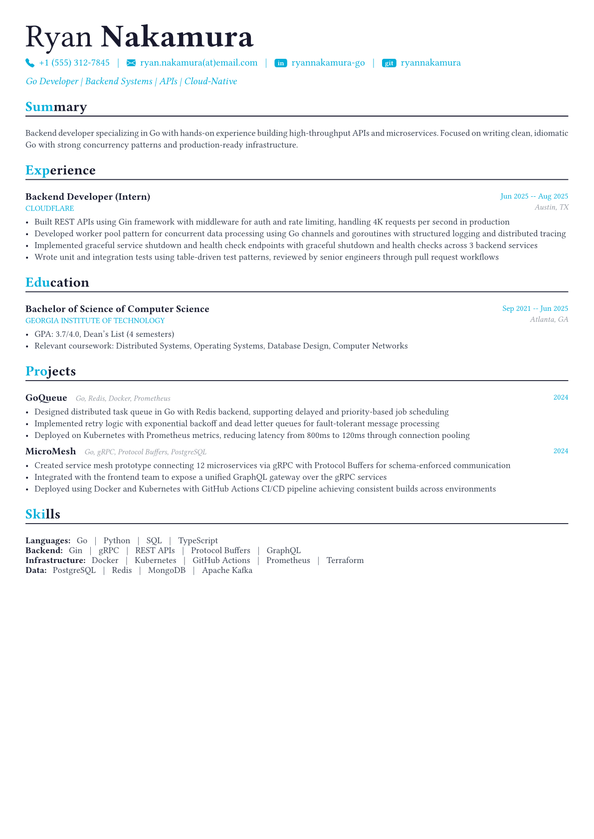 Go Developer resume example