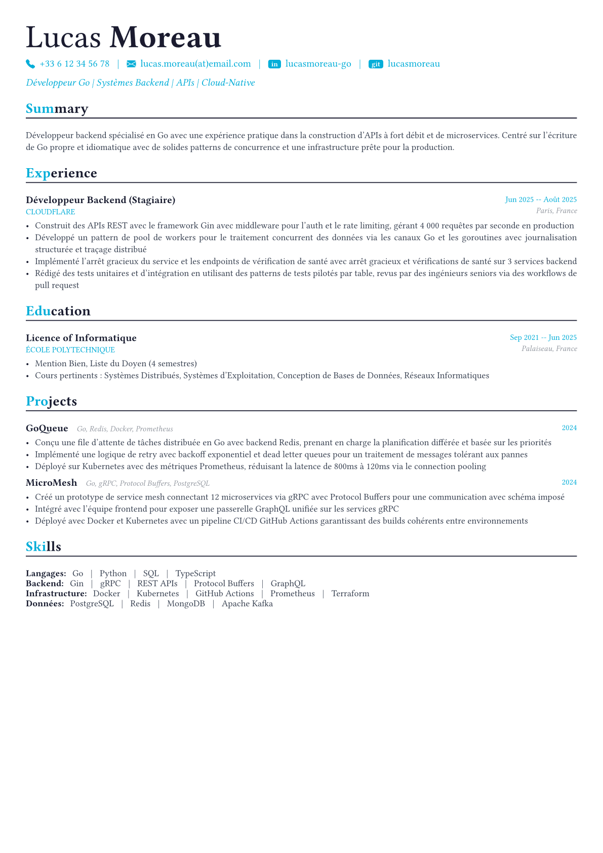 Go Developer exemple de CV