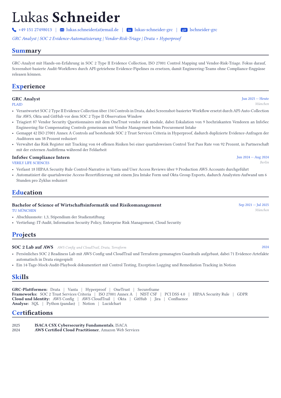 GRC Analyst Lebenslauf-Beispiel