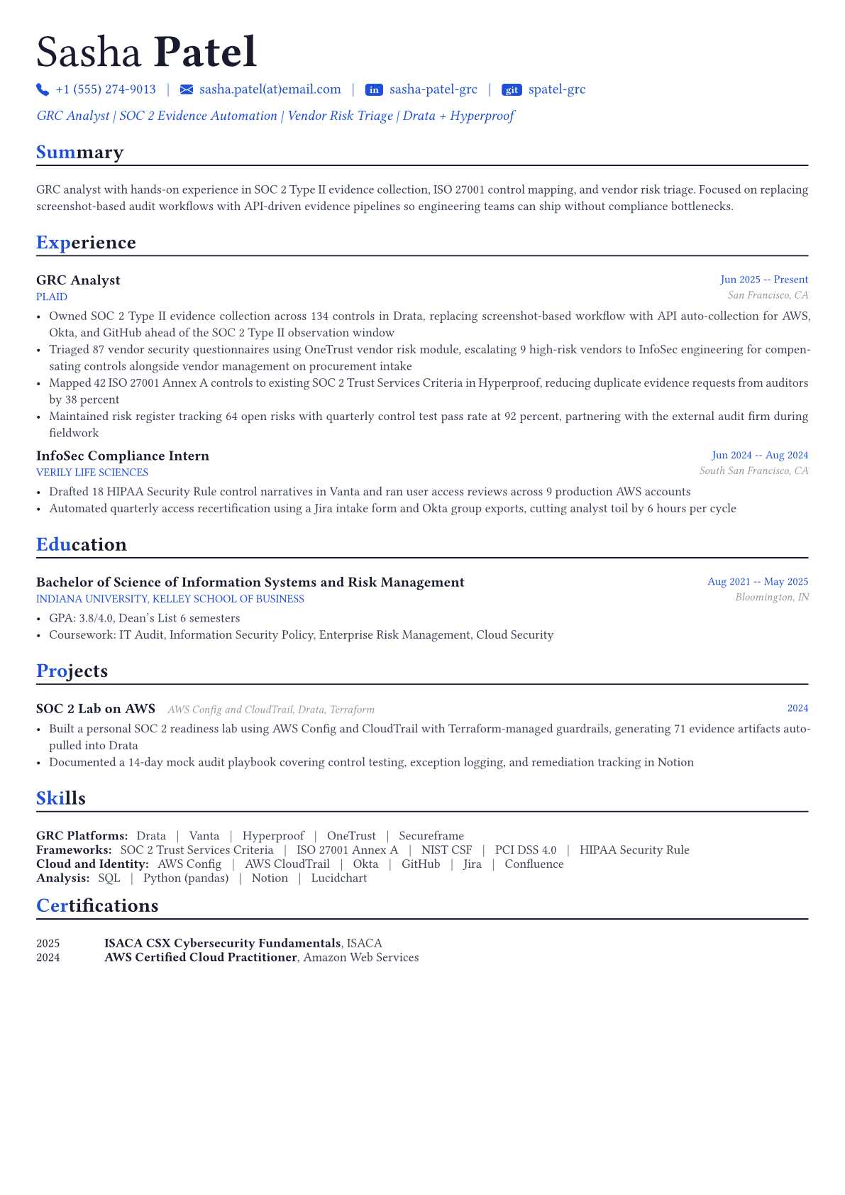 GRC Analyst resume example