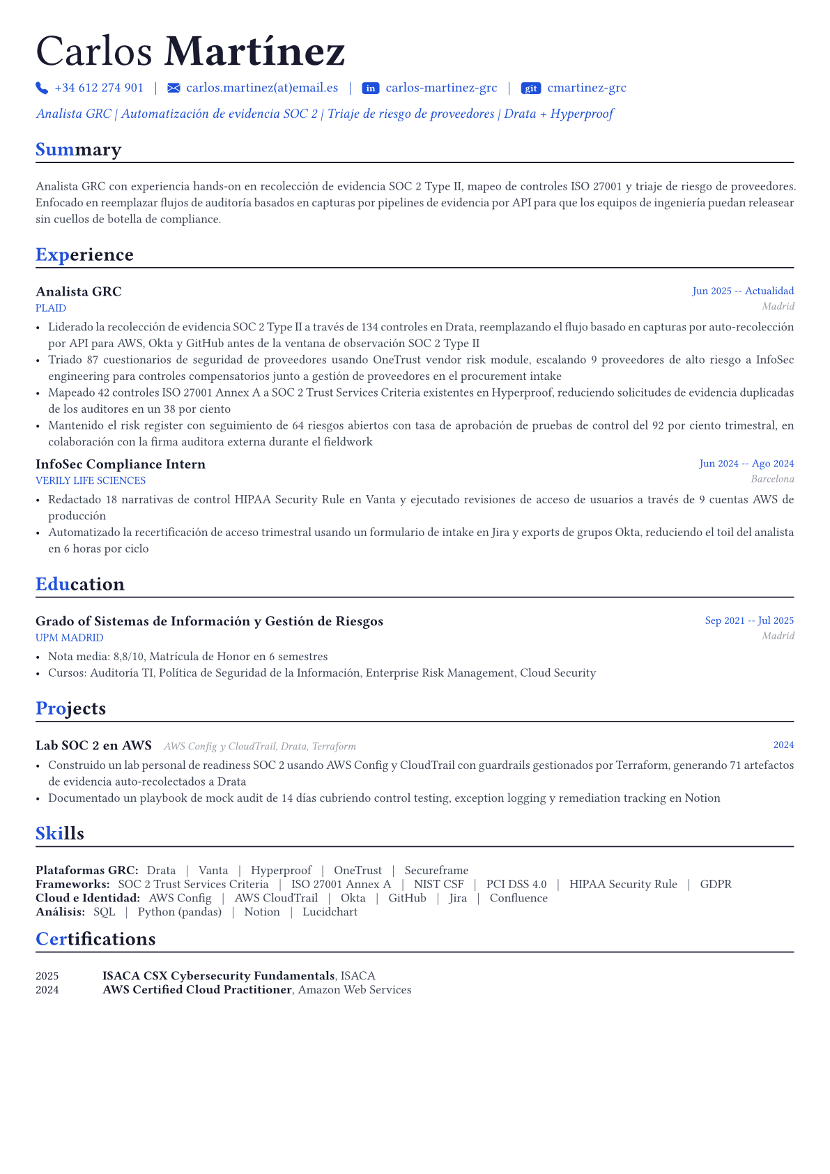 GRC Analyst ejemplo de CV