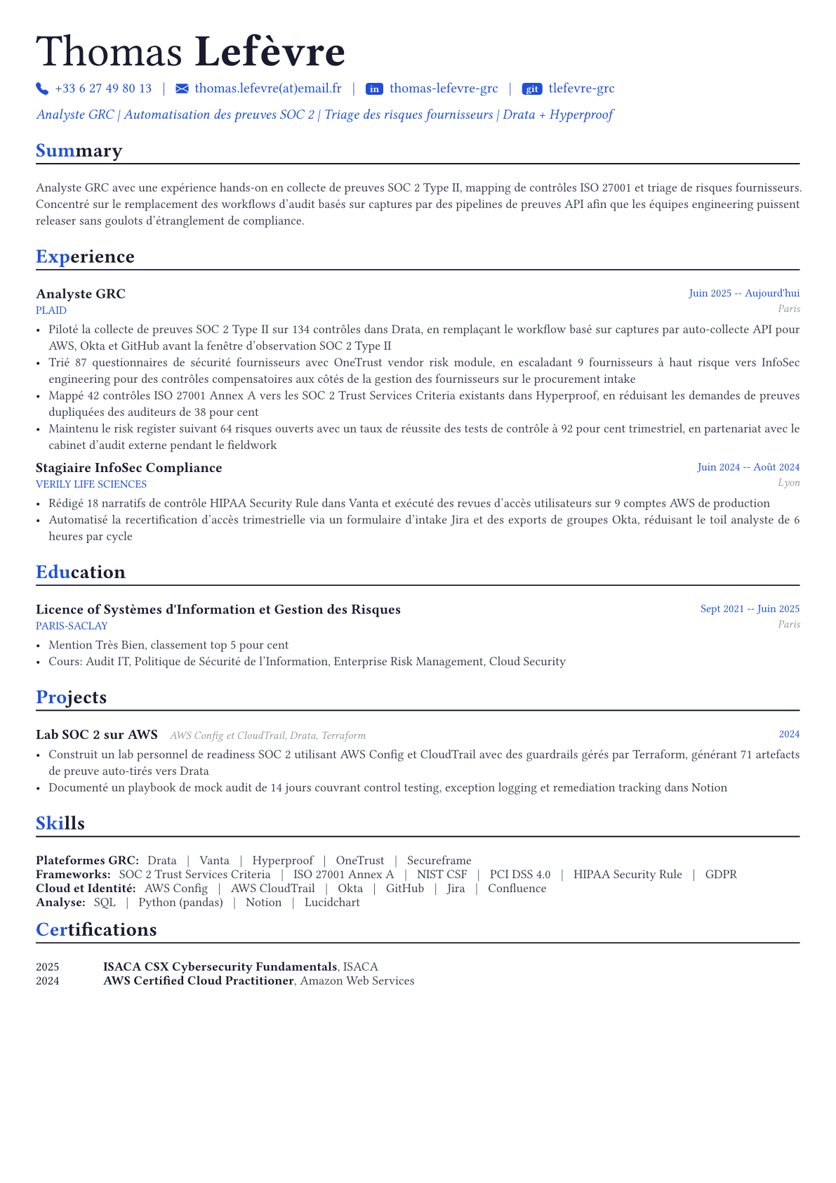 GRC Analyst exemple de CV