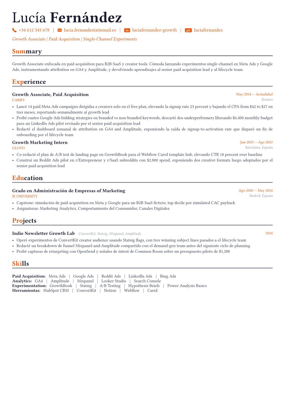 Growth Marketer ejemplo de CV