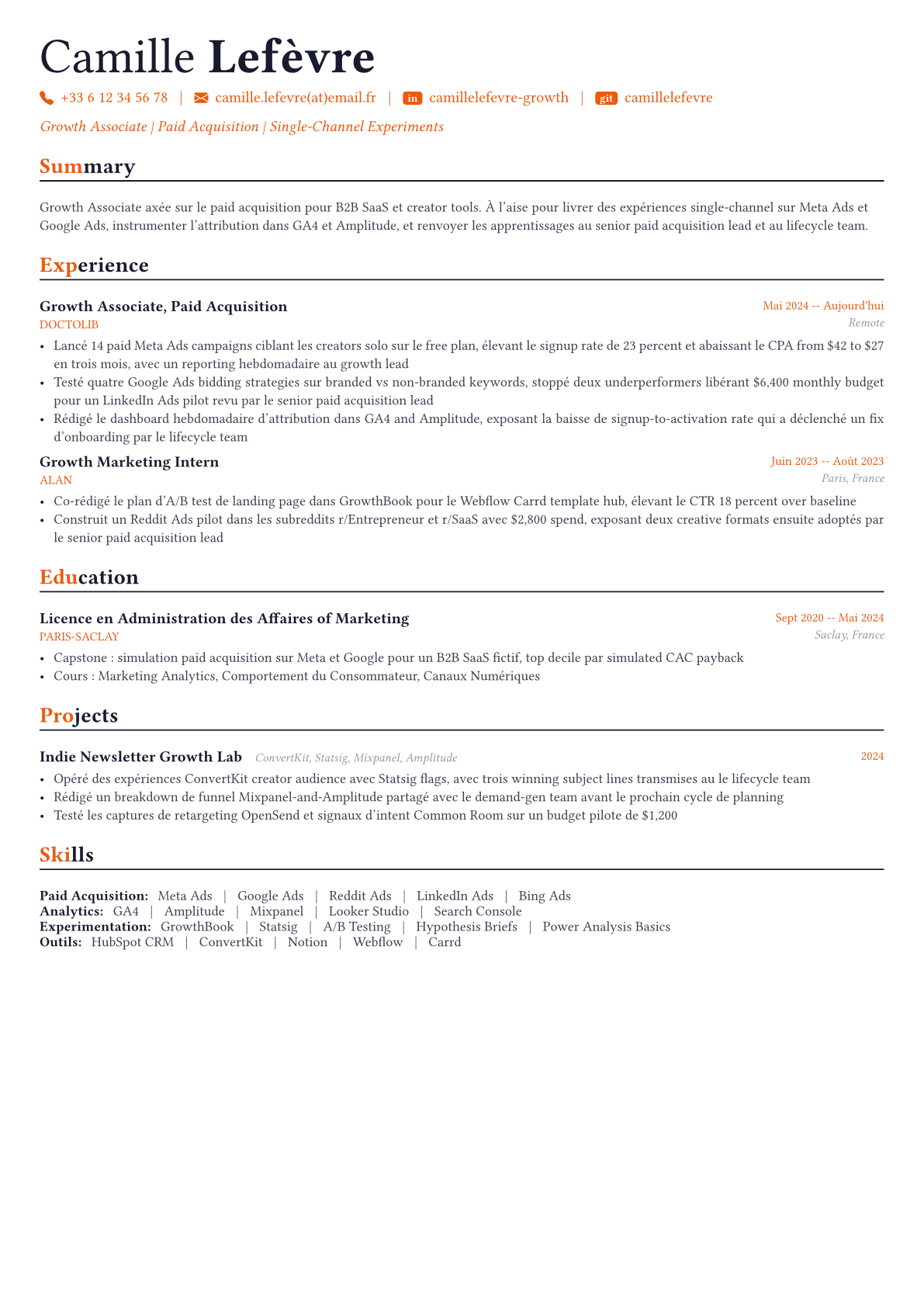 Growth Marketer exemple de CV