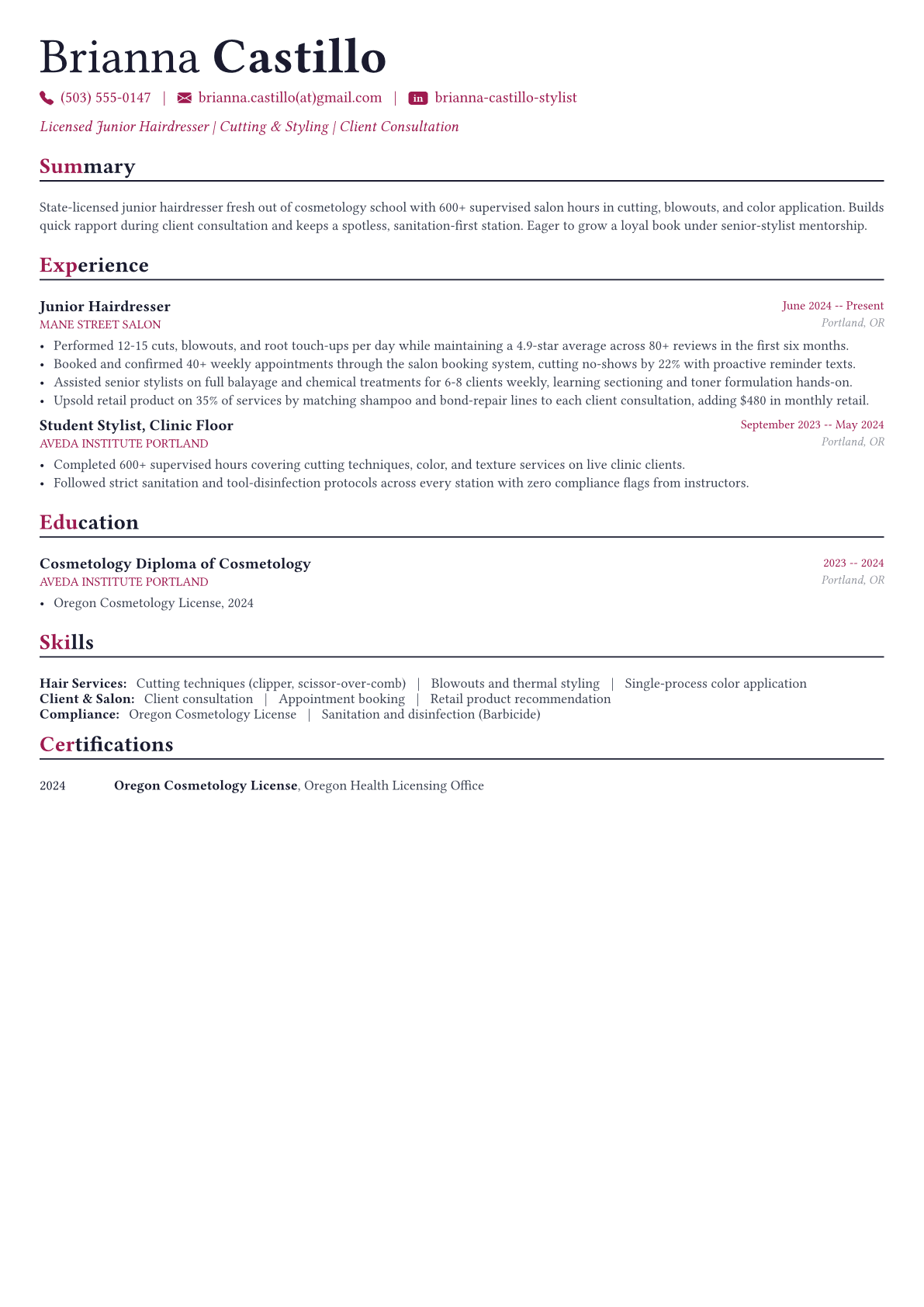 Hairdresser resume example