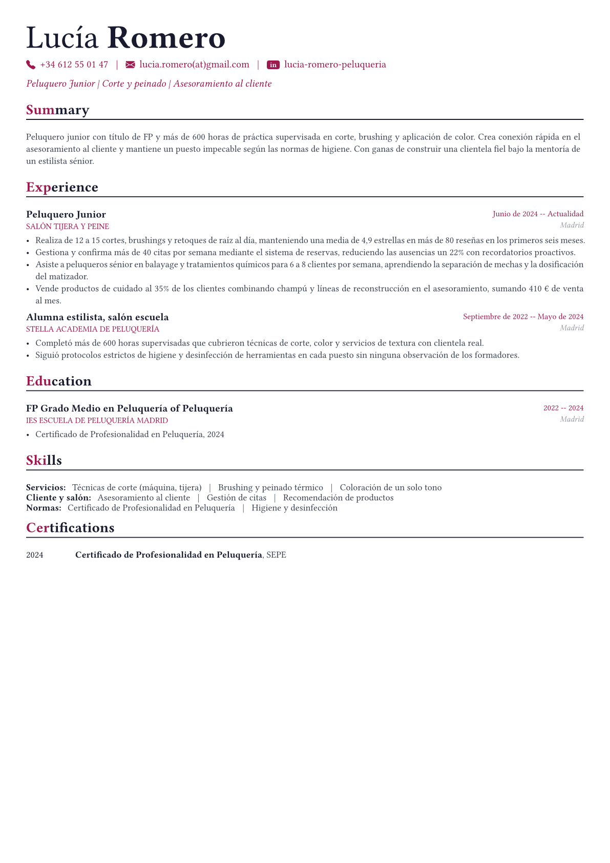 Peluquero ejemplo de CV