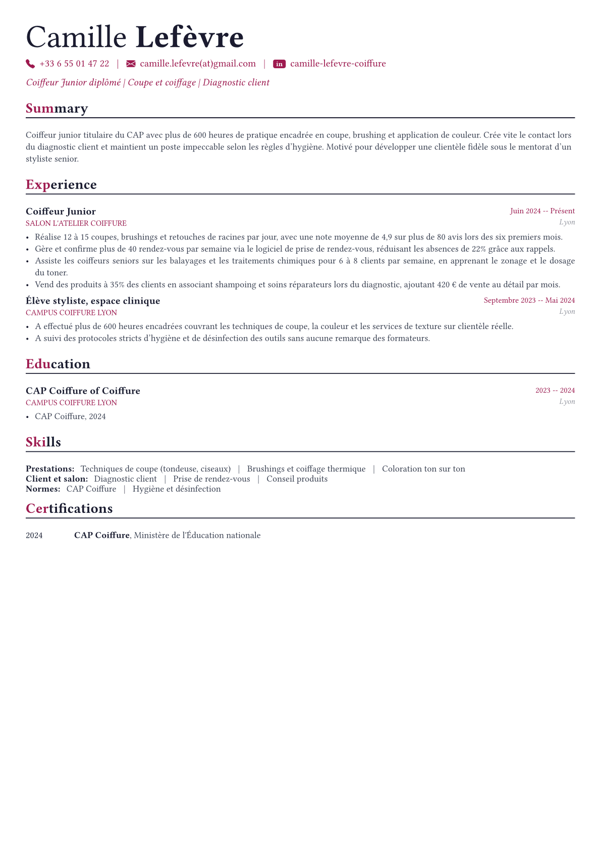 Coiffeur exemple de CV