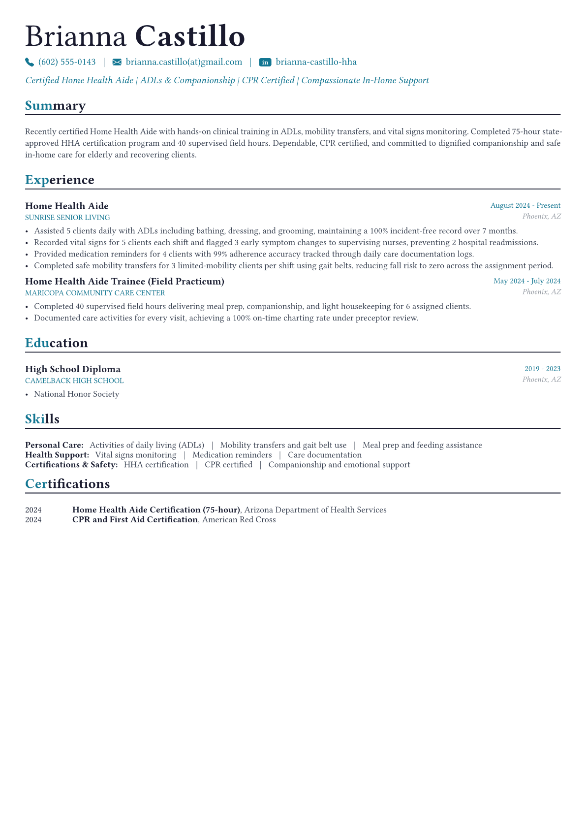 Home Health Aide resume example