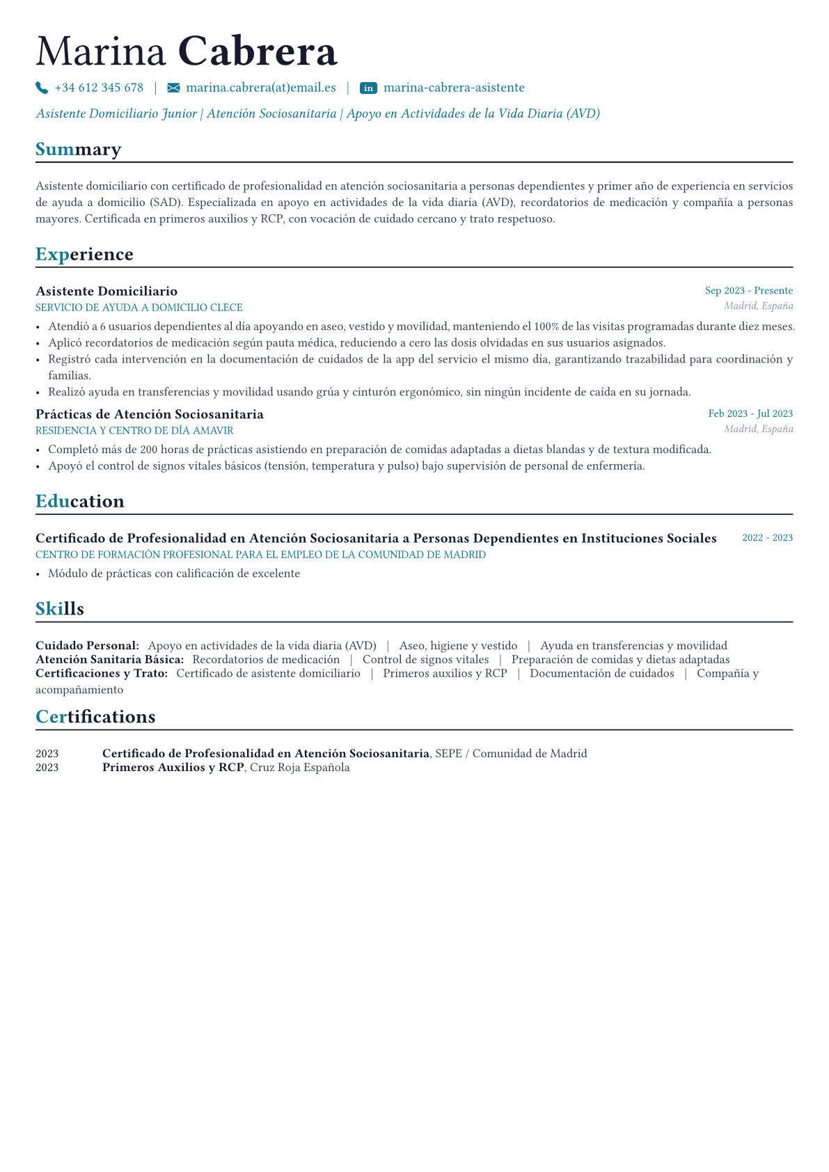 Asistente domiciliario ejemplo de CV