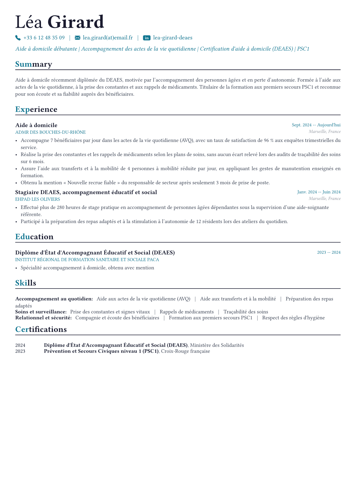 Aide à domicile exemple de CV