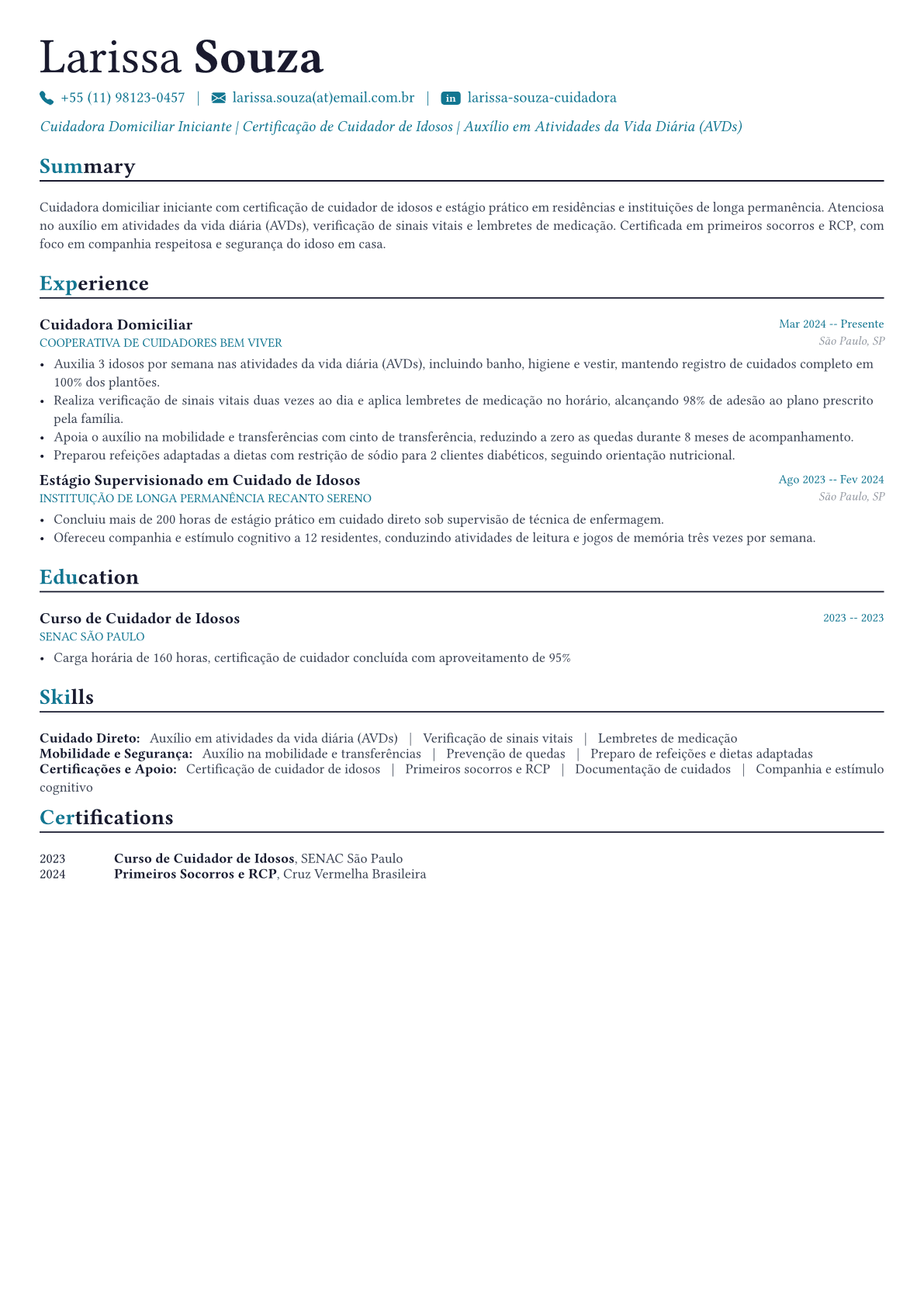 Cuidador domiciliar exemplo de currículo
