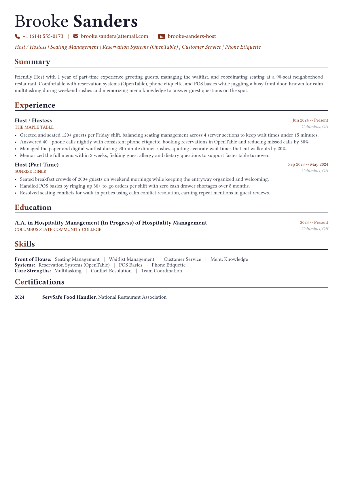 Host Hostess resume example