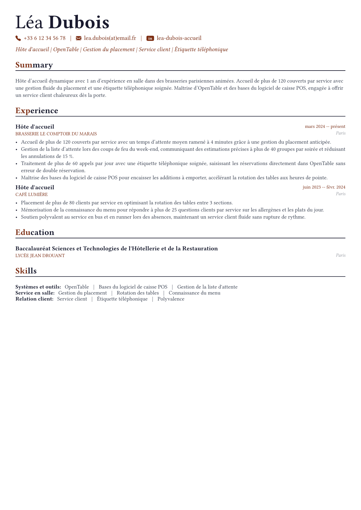 Hôte d'accueil exemple de CV