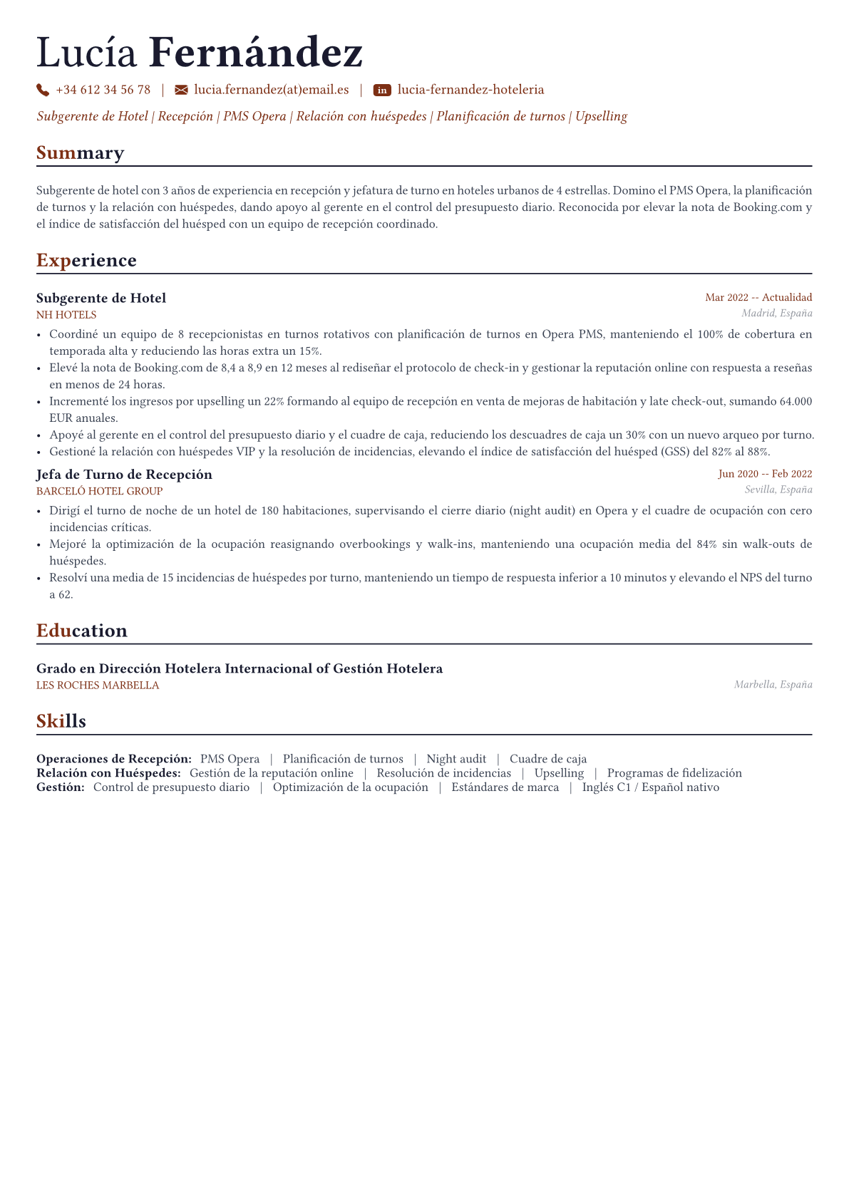 Gerente de Hotel ejemplo de CV