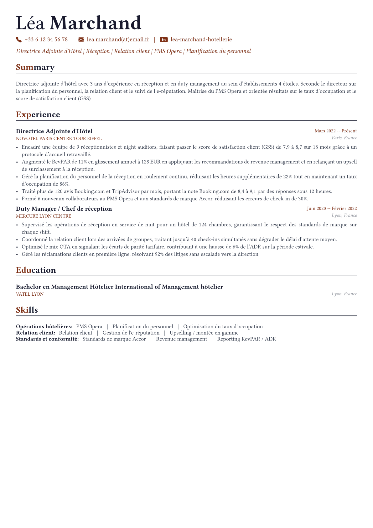 Directeur d'Hôtel exemple de CV