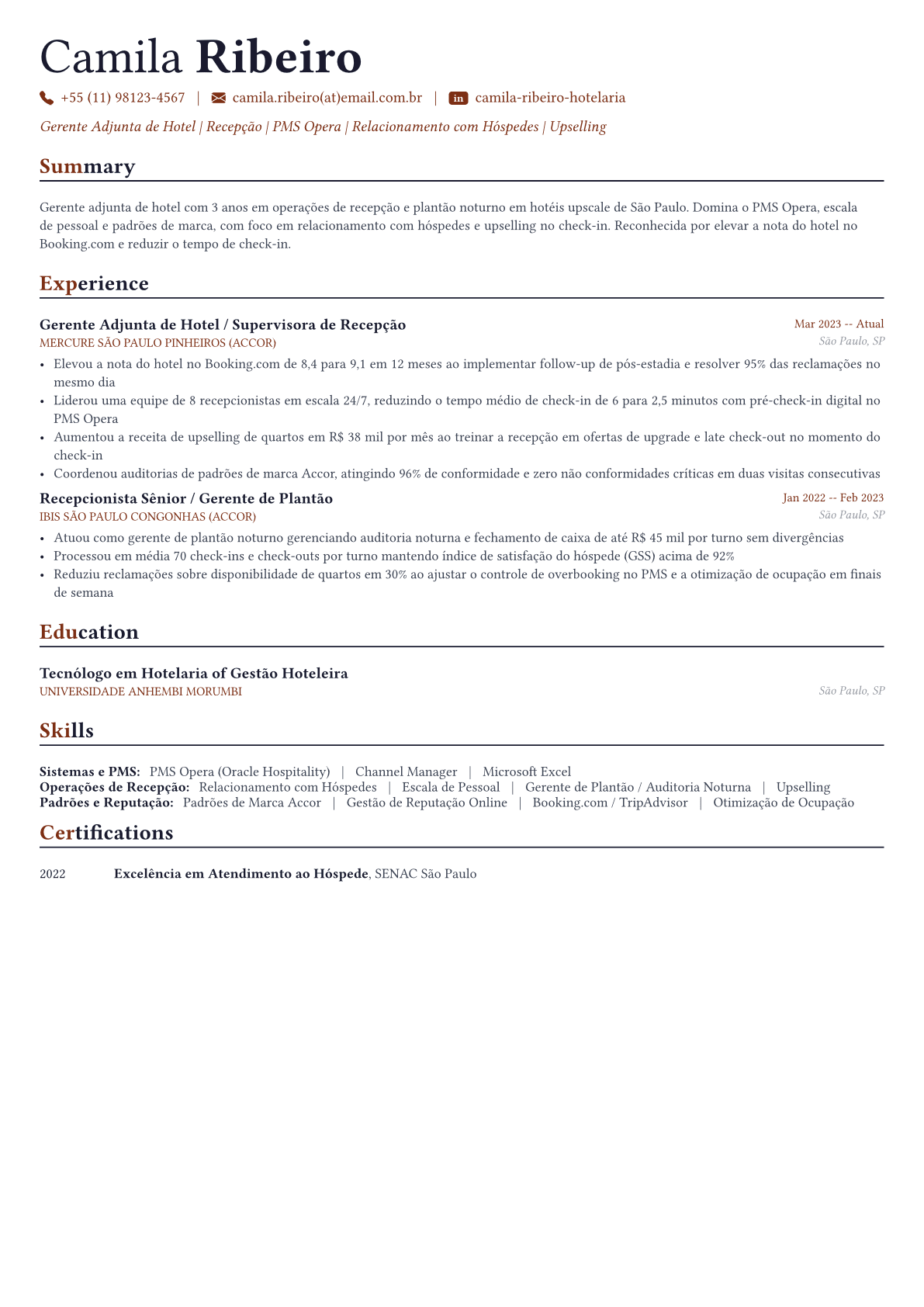 Gerente de Hotel exemplo de currículo