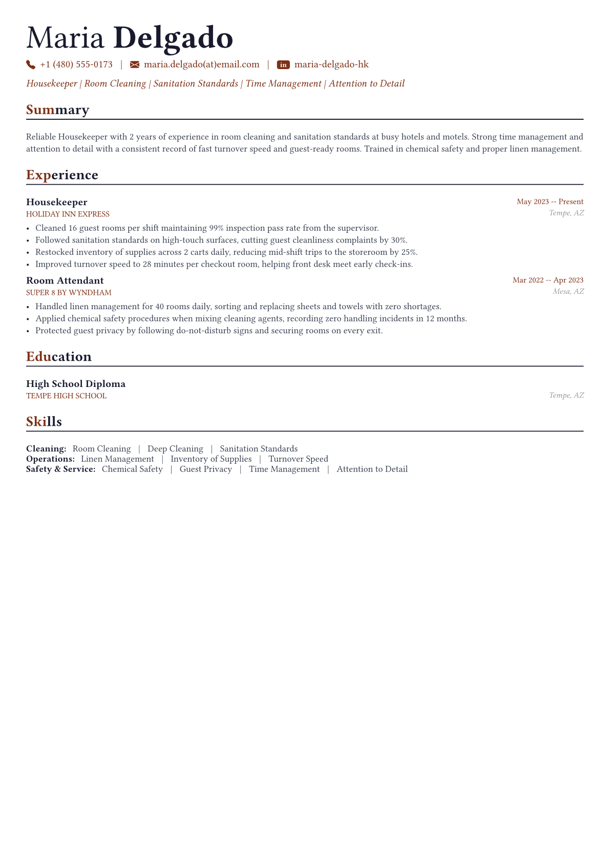 Housekeeper resume example