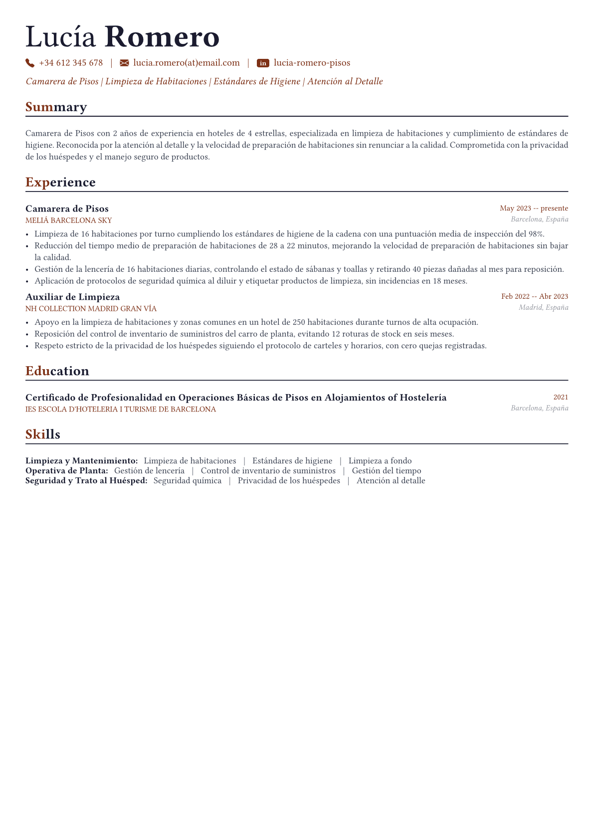 Camarera de Pisos ejemplo de CV