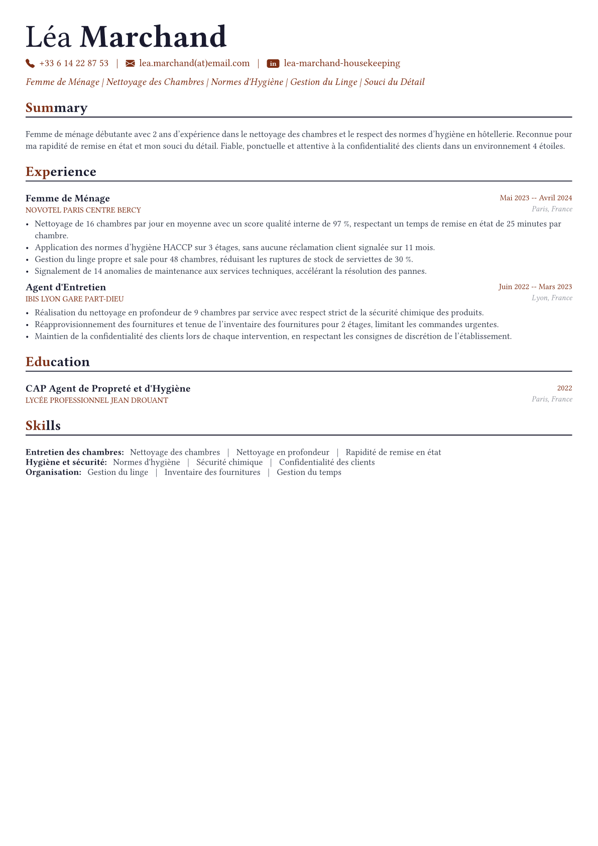 Femme de Ménage exemple de CV