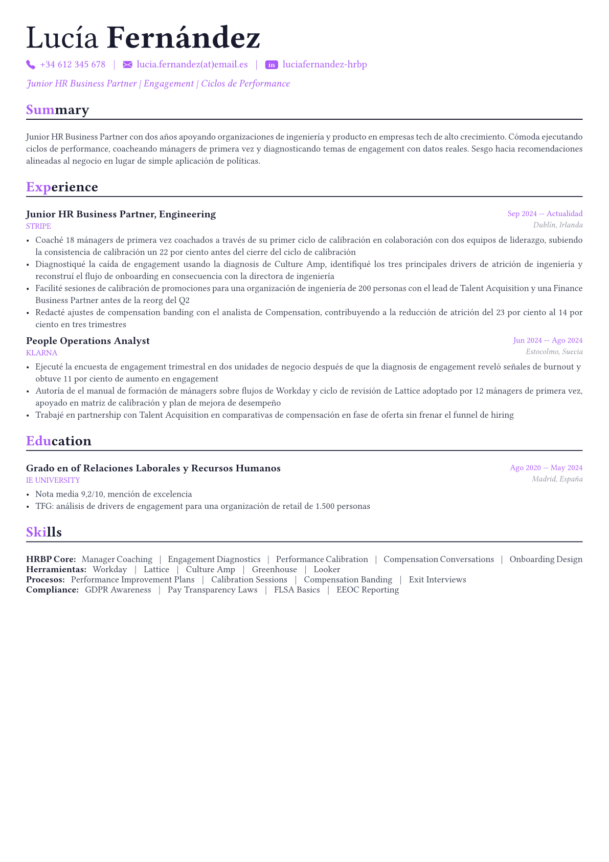 HR Business Partner ejemplo de CV