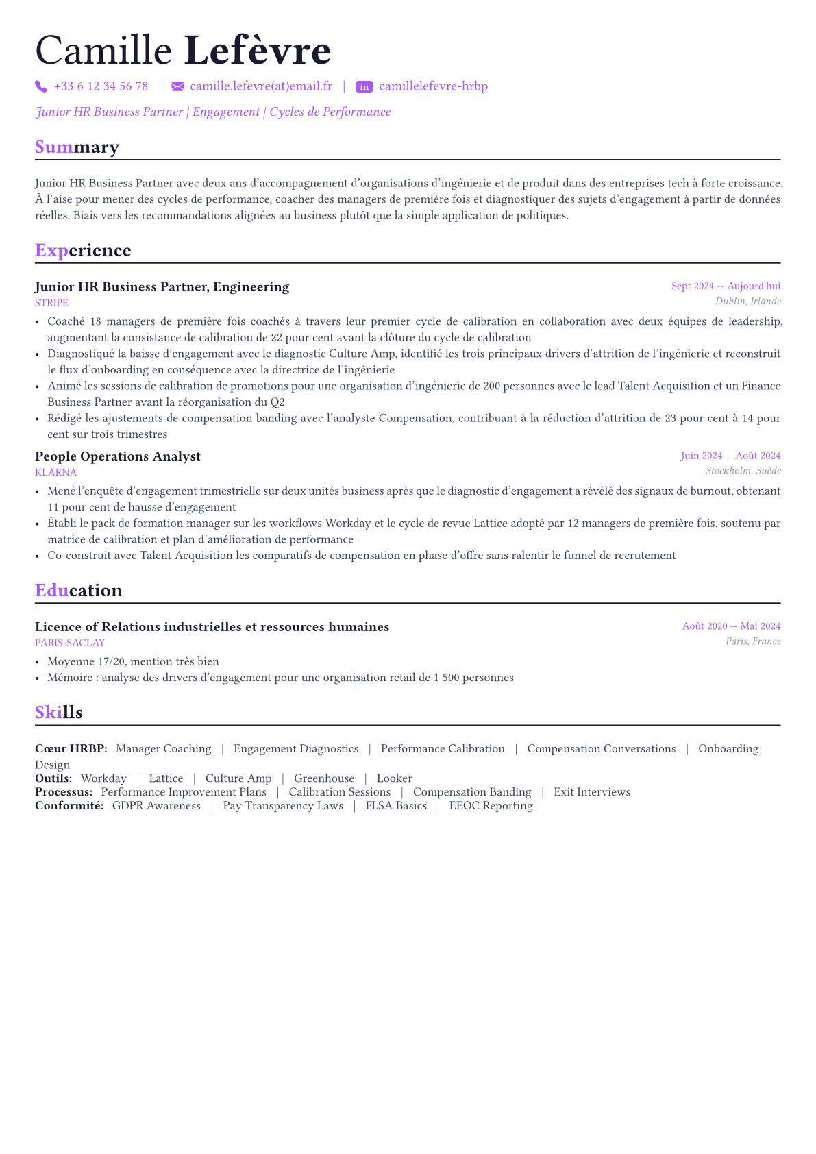 HR Business Partner exemple de CV